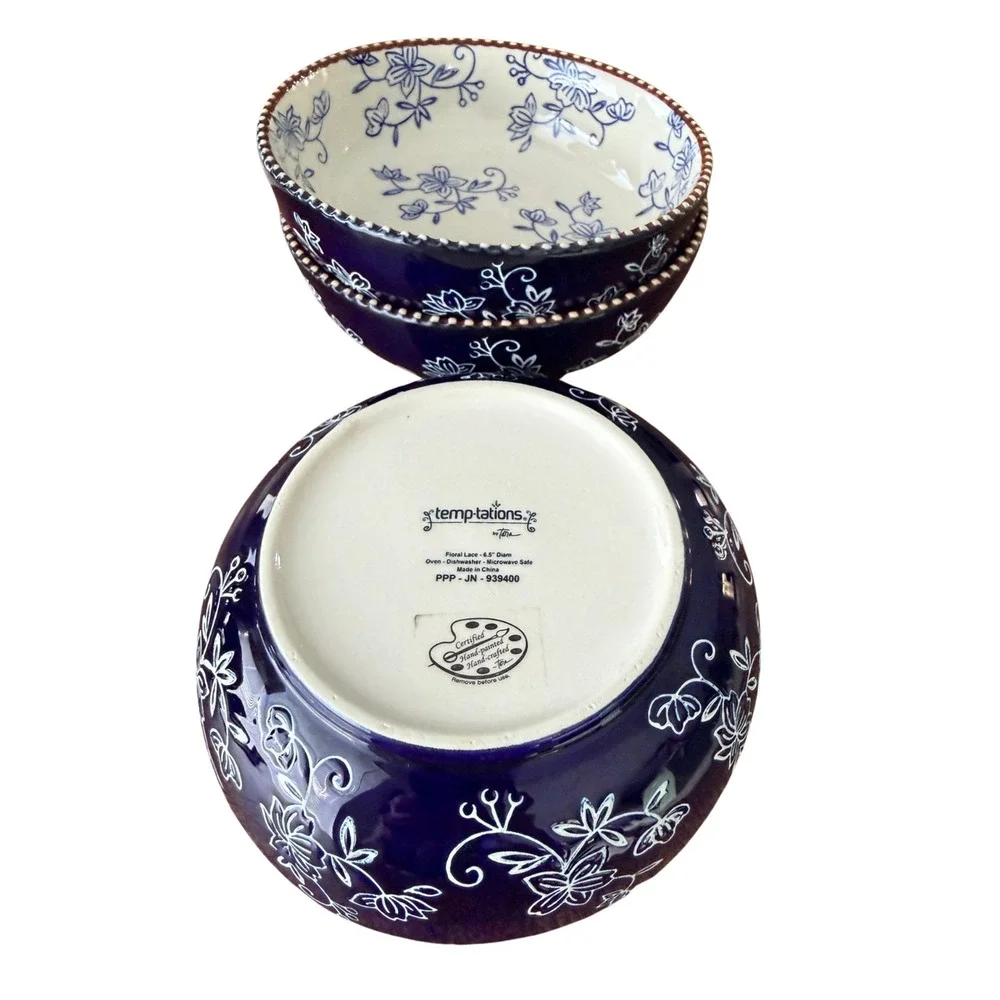 Temp-tations by Tara Floral Lace Blue 6.5 Inch Bowls Set of 3 PPP-JN-939400